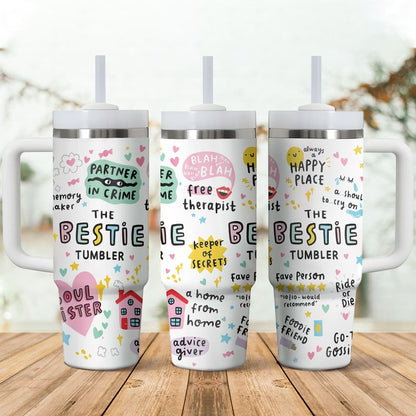 Gossby Bestie Gift for Women - 30oz THE BESTIE TUMBLER - Friend Tumbler for Women - Christmas, Birthday, Friendship Gifts - Funny Best Friend Gift - Stainless Steel Insulated Travel Mug with Handle