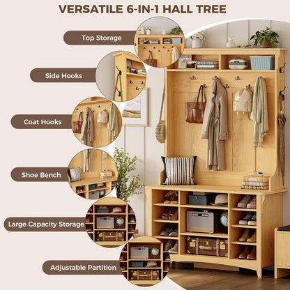IRONCK Hall Tree with Bench and Shoe Storage, 6-in-1 Entryway Bench with Coat Rack, Adjustable Shelf, Hanging Hooks, 11 Shoe Cubbies, 2-Tier Top Storage, for Entryway, Bedroom, Living Room, Oak