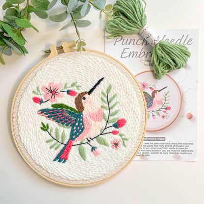 Myfelicity Punch Needle Embroidery Kit, Beginner Craft Set with Animal Pattern Design, 7.9 Inch Hoop (Hummingbird)