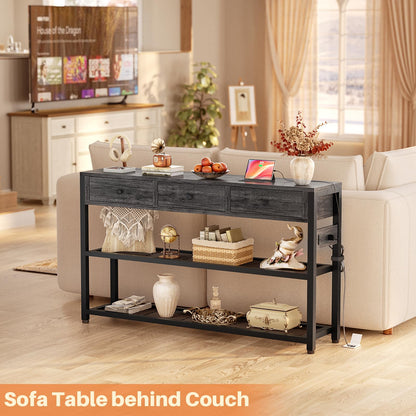 Ecoprsio 47'' Entryway Table with Outlets and USB Ports, Console Table with 3 Drawers, Sofa Table Narrow Long with Storage Shelves for Living Room, Couch, Hallway, Foyer, Kitchen Counter, Grey