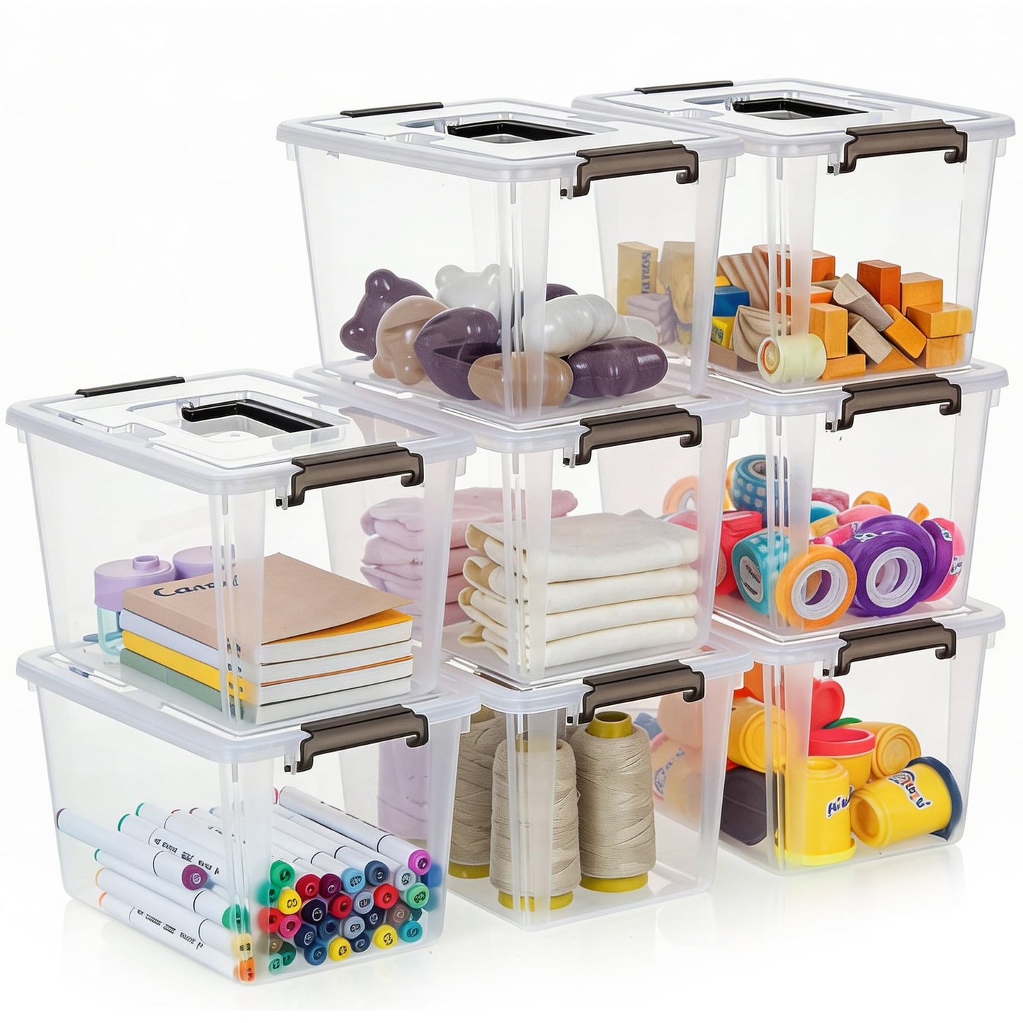 Citylife 8 Packs 6 QT Plastic Storage Bins with Latching Lids Clear Storage Box with handle Stackable Storage Containers for Organizing Snacks, Crafts, Toys, Tools