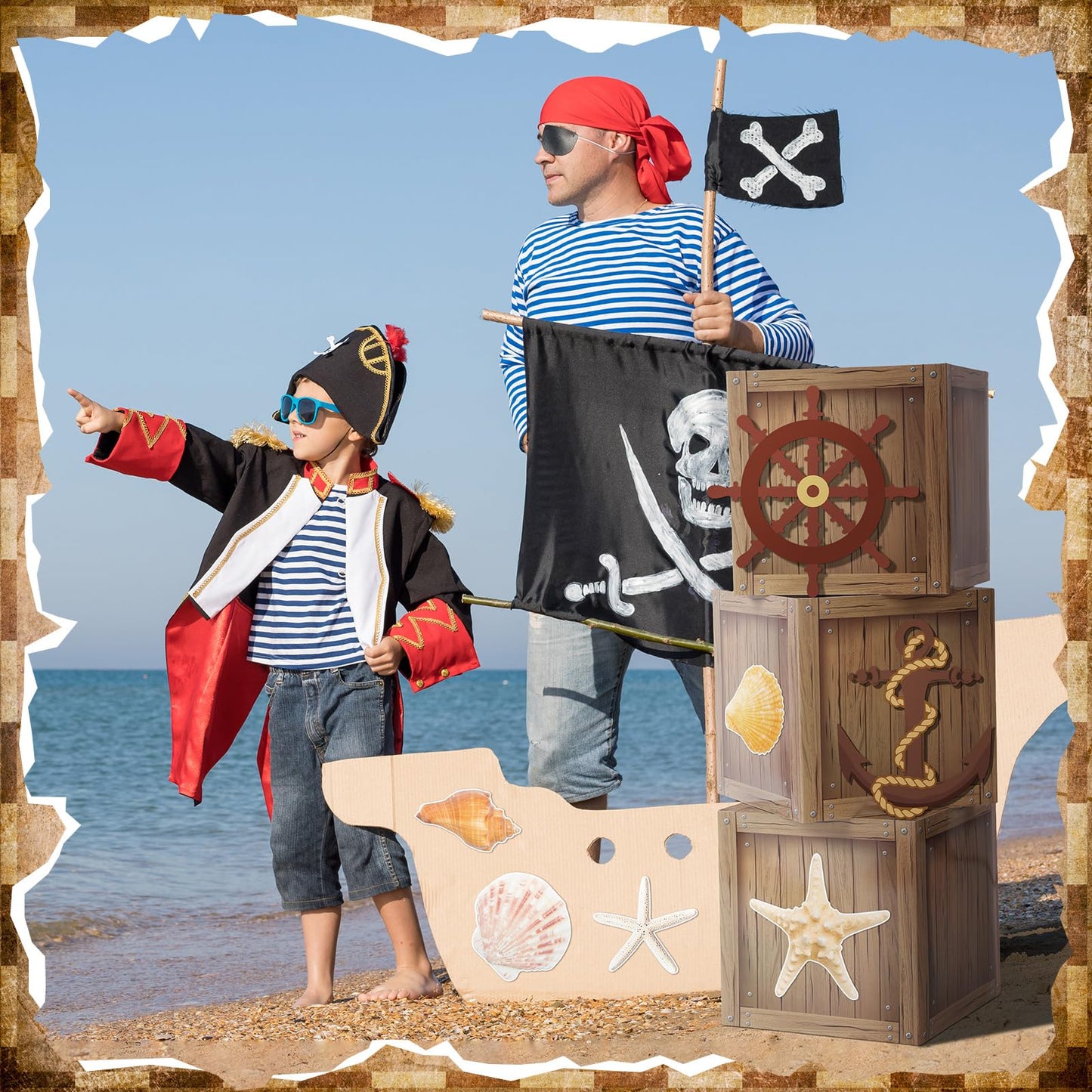 JellyArch 18 Pcs Pirate Party Decorations Imitation Wooden Box Fishing Net Car Trunk or Treat Gasparilla Style Decor Ocean or Pirate Party Favors Adventure Birthday Photo Booth Props