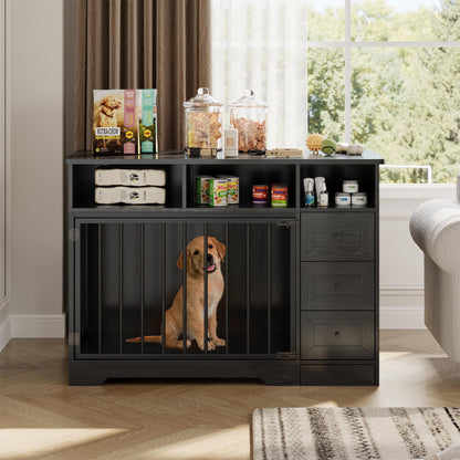 GarveeLife 48'' Dog Crate Furniture, Farmhouse Heavy Duty Dog Kennel with Bowl & Storage Drawers, Medium Dog Cage End Table for Small Medium Dogs, Black