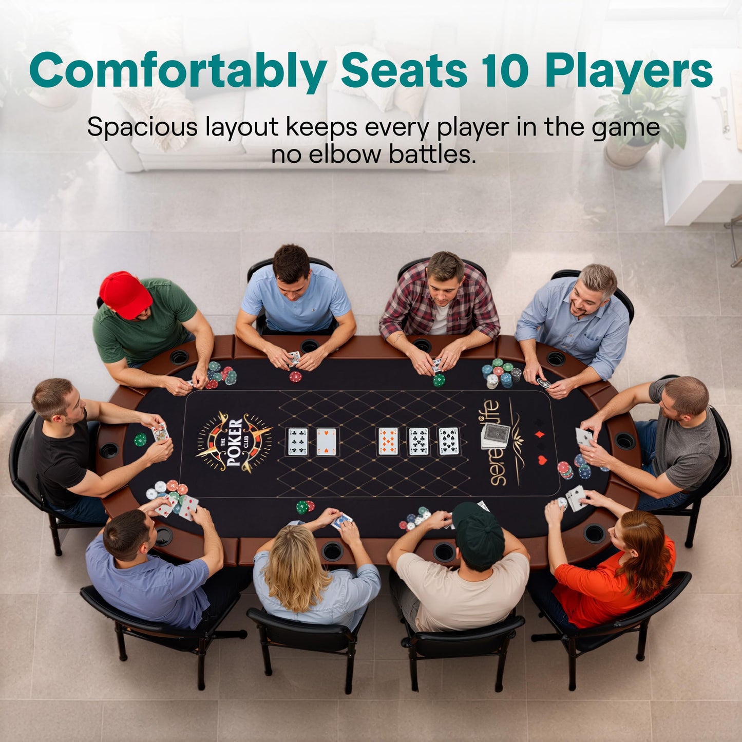 SereneLife 7ft Poker Table for 10 Players - Heavy Duty Oval Texas Hold'em Casino Table for Game Room, 25mm Reinforced Metal Legs, Durable Black PVC Rail, 10 Deep Cup Holders & Professional Layout