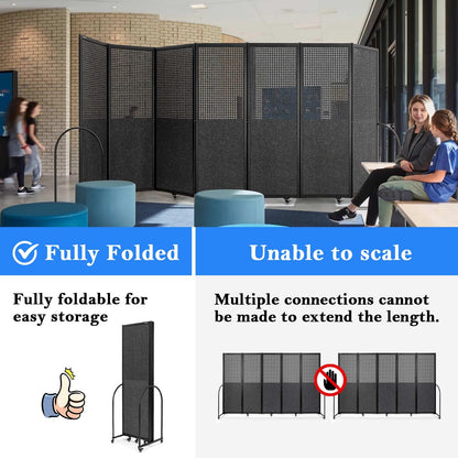 Folding Room Partition,Freestanding Privacy Divider,Portable Office Divider Wall,Commercial Space Partition Screen,Perforated Felt Panel Design,14'3"L* 6'7"H,7 Panel,Dark Grey