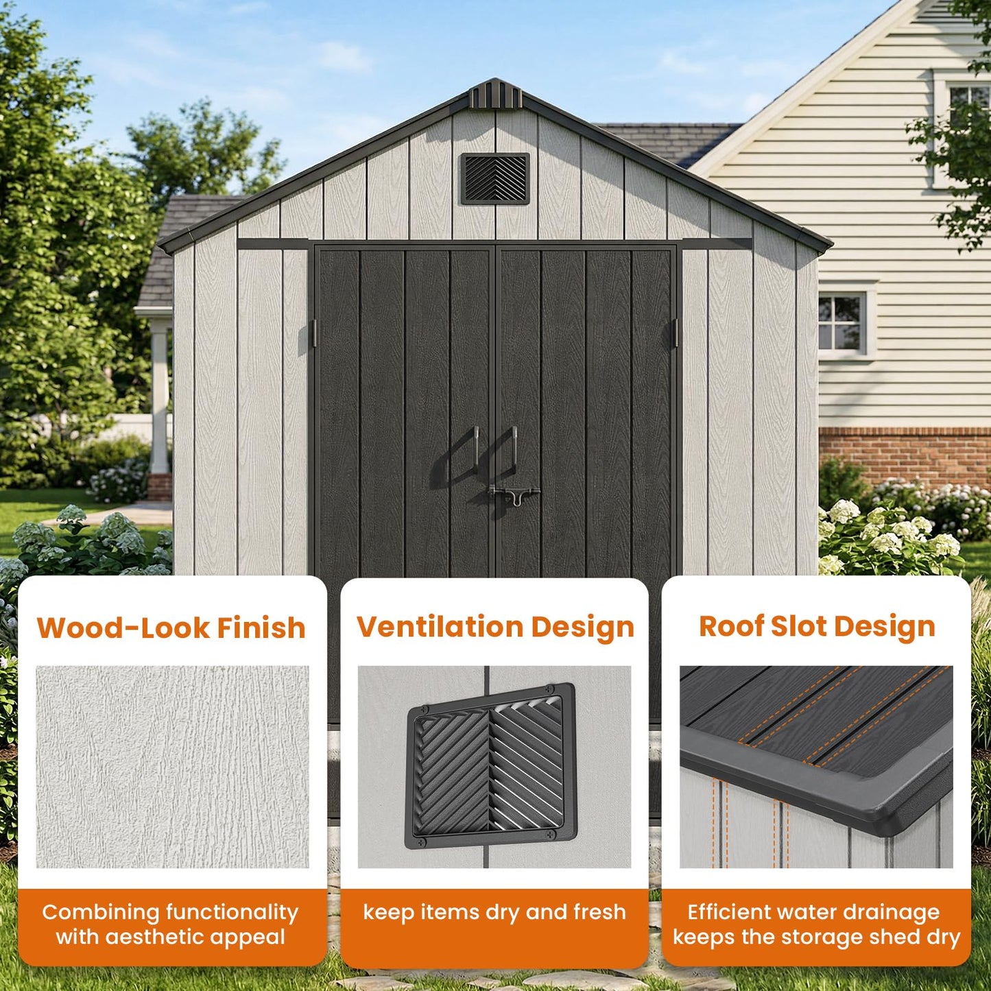 Jocoevol Outdoor Storage Shed, 8x12FT Resin Shed with Floor/Windows/Lockable Door/Vents, 15mm Thickened Heavy Duty All-Weather Garden Tool Shed for Backyard, Patio, Lawn, Gray