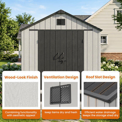 Jocoevol Outdoor Storage Shed, 8x12FT Resin Shed with Floor/Windows/Lockable Door/Vents, 15mm Thickened Heavy Duty All-Weather Garden Tool Shed for Backyard, Patio, Lawn, Gray