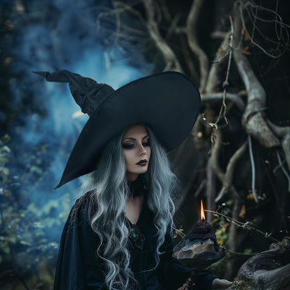 JEGERMIG Women's Black Masquerade Ruched Witch Hat Oversized Witches Hats Wide Brim Party Accessory