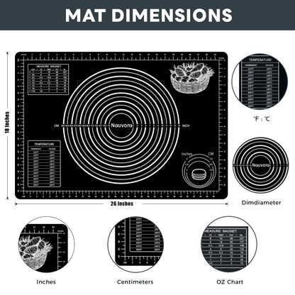 Nauvora Extra Large Baking Mat - 26" Silicone Pastry Mat, Reusable Non-Stick Dough Mat with Measurement for Fondant, Rolling Dough, Pie Crust, Pizza and Cookies, Black