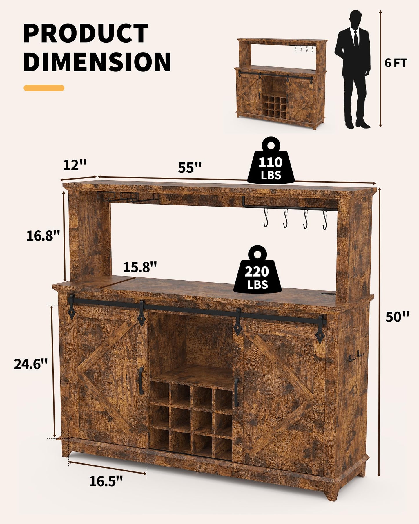 Hetoy Farmhouse Coffee Bar Cabinet 55" Tall with Sliding Barn Door, LED Light, Power Outlet – Storage Drawers, 12-Bottle Wine Rack, Ideal Coffee Hutch for Dining Room or Home Bar
