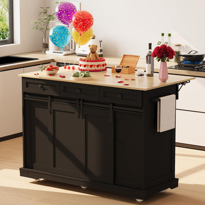 Large Rolling Kitchen Island with Power Outlet, Mobile Kitchen Cart on Wheels with Drop Leaf, 3 Drawers, Trash Can Storage, Spice Rack, Towel Holder, Kitchen Island Table for Dining Room, Home, Black