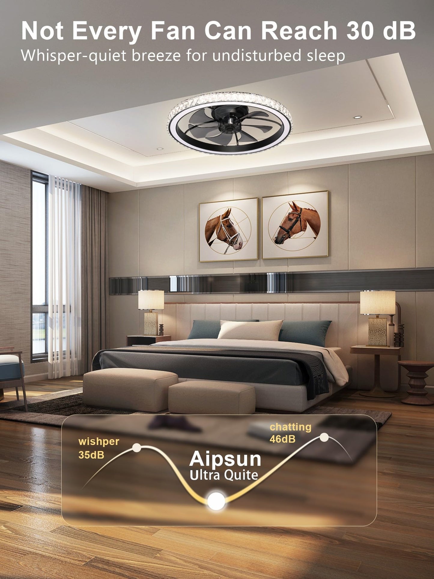 Aipsun 26" Low Profile Modern Crystal Chandelier Ceiling Fans with Lights and Remote, 3000K-6500K Smart Bladeless LED Fan Light, Black Modern Ceiling Fans with Lights for Bedroom