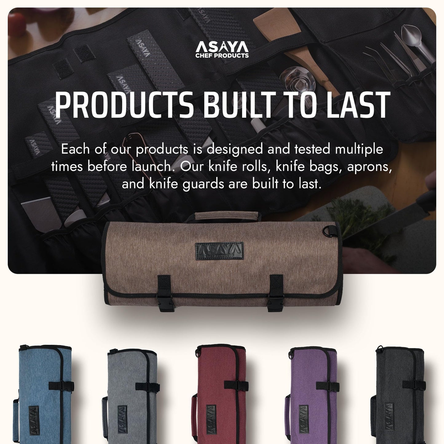 Asaya Waxed Nylon Chef Knife Roll Bag with 20 Slots and Zippered Pockets - Professional Chef Knife Bag & Storage Case, Tool Carrier with Shoulder Strap - Knives Not Included (Brown)