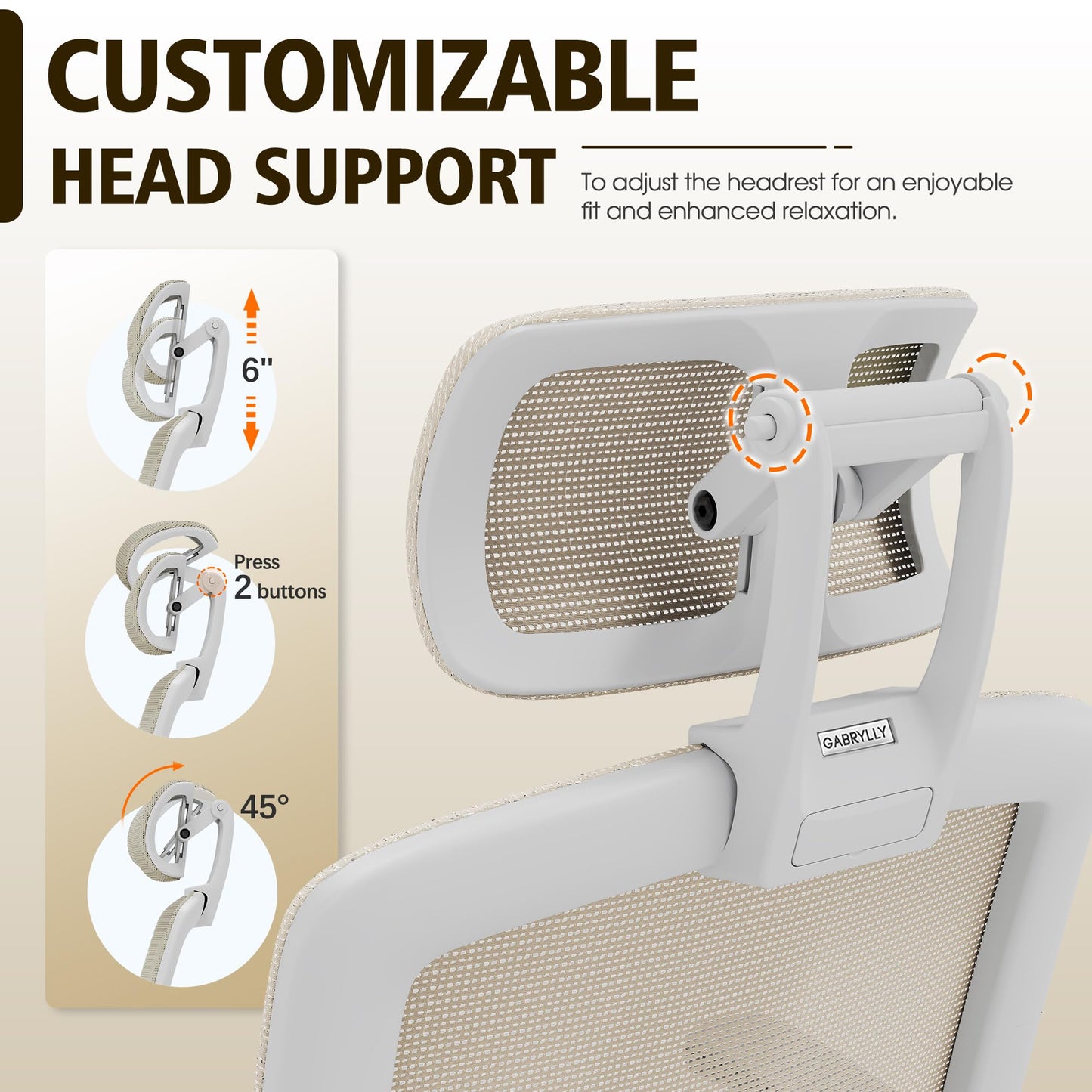GABRYLLY Ergonomic Office Chair, High Back Home Desk Chair with Headrest, Flip-Up Arms, 90-120° Tilt Lock and Wide Cushion, 300LBS Mesh Chairs for Man Woman, White Task Chair(Beige,GY01WBG)
