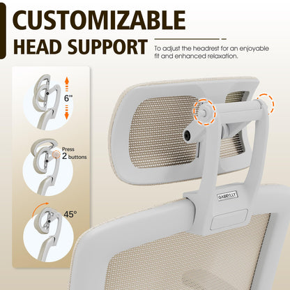 GABRYLLY Ergonomic Office Chair, High Back Home Desk Chair with Headrest, Flip-Up Arms, 90-120° Tilt Lock and Wide Cushion, 300LBS Mesh Chairs for Man Woman, White Task Chair(Beige,GY01WBG)