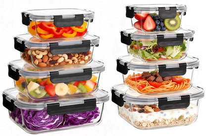 Belgol 8 Pack Glass Meal Prep Containers with Lids, Extra Thick Airtight Food Storage Set (310ml-1510ml/10.5oz–51oz), Leakproof Lunch Boxes for Leftovers