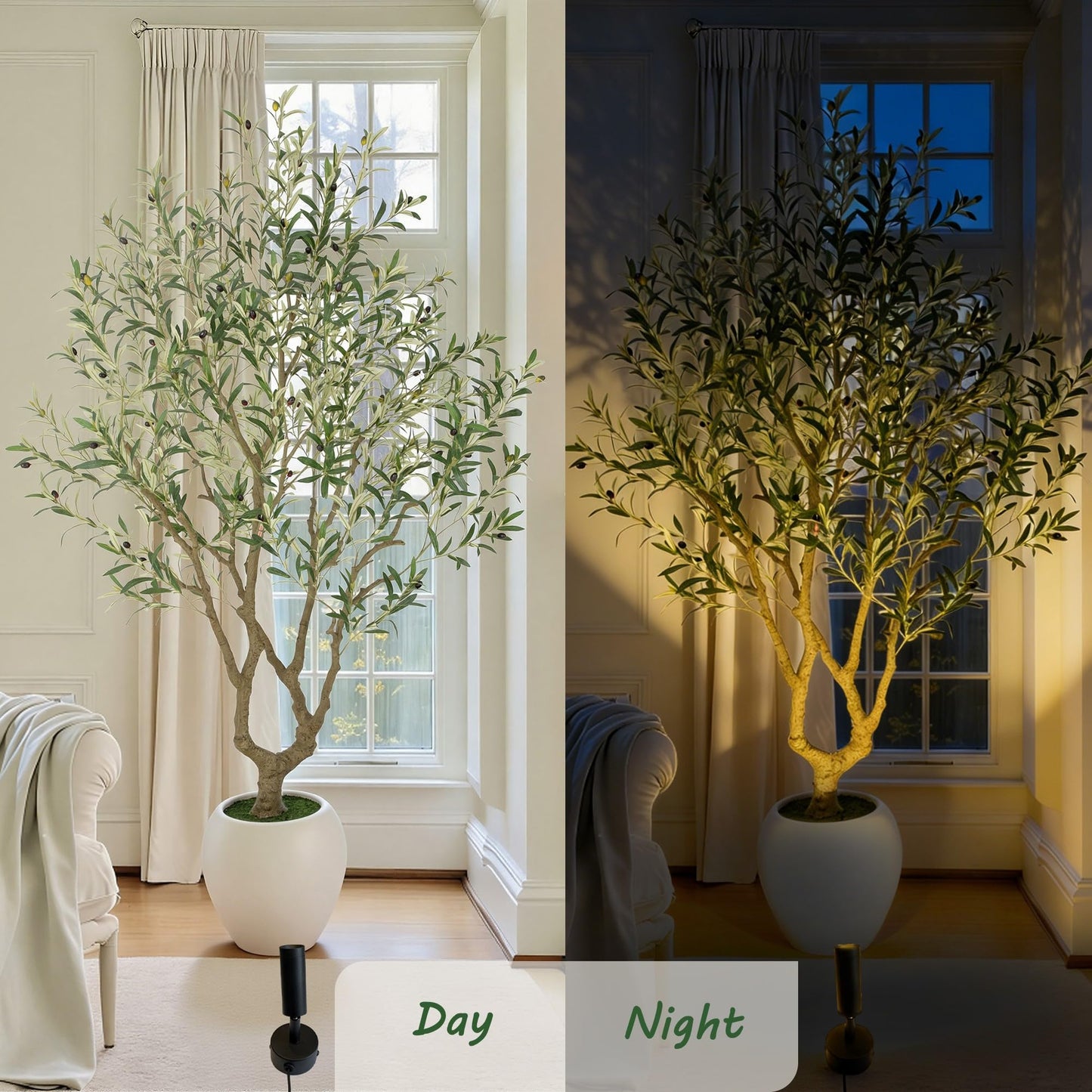 Bellacat 7ft Faux Olive Tree with Warm White Spotlight & 15''D x 13.5''H Large White Planter, 84in Fake Olive Tree with Lifelike Leaves& Fruits, Artificial Olive Tree Indoor for Home & Office Decor