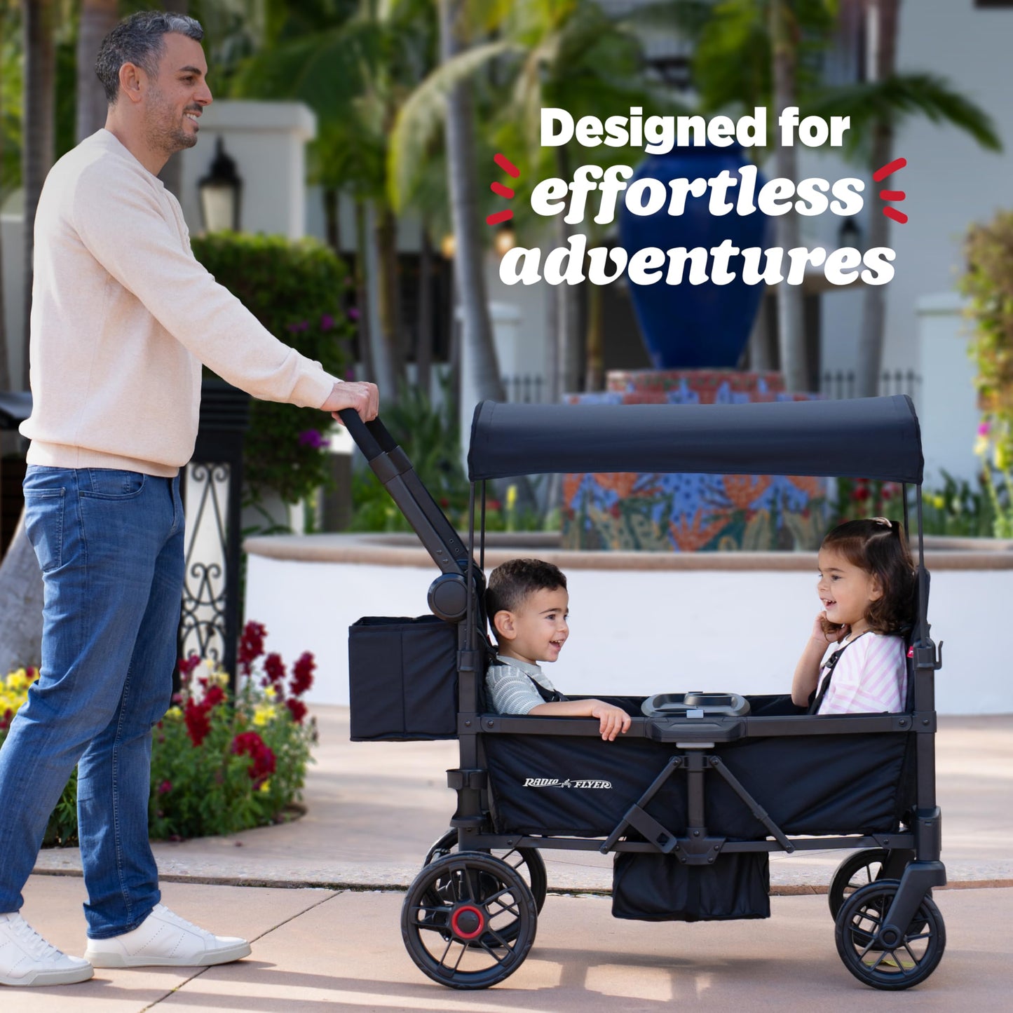 Radio Flyer Voya 2.0 2-Seat Stroller Wagon, for Kids 6+ Months, Lightweight, Compact, Foldable, UV Canopy, Included Storage, Seats Convert to Flatbed, Stroller Wagon for Kids