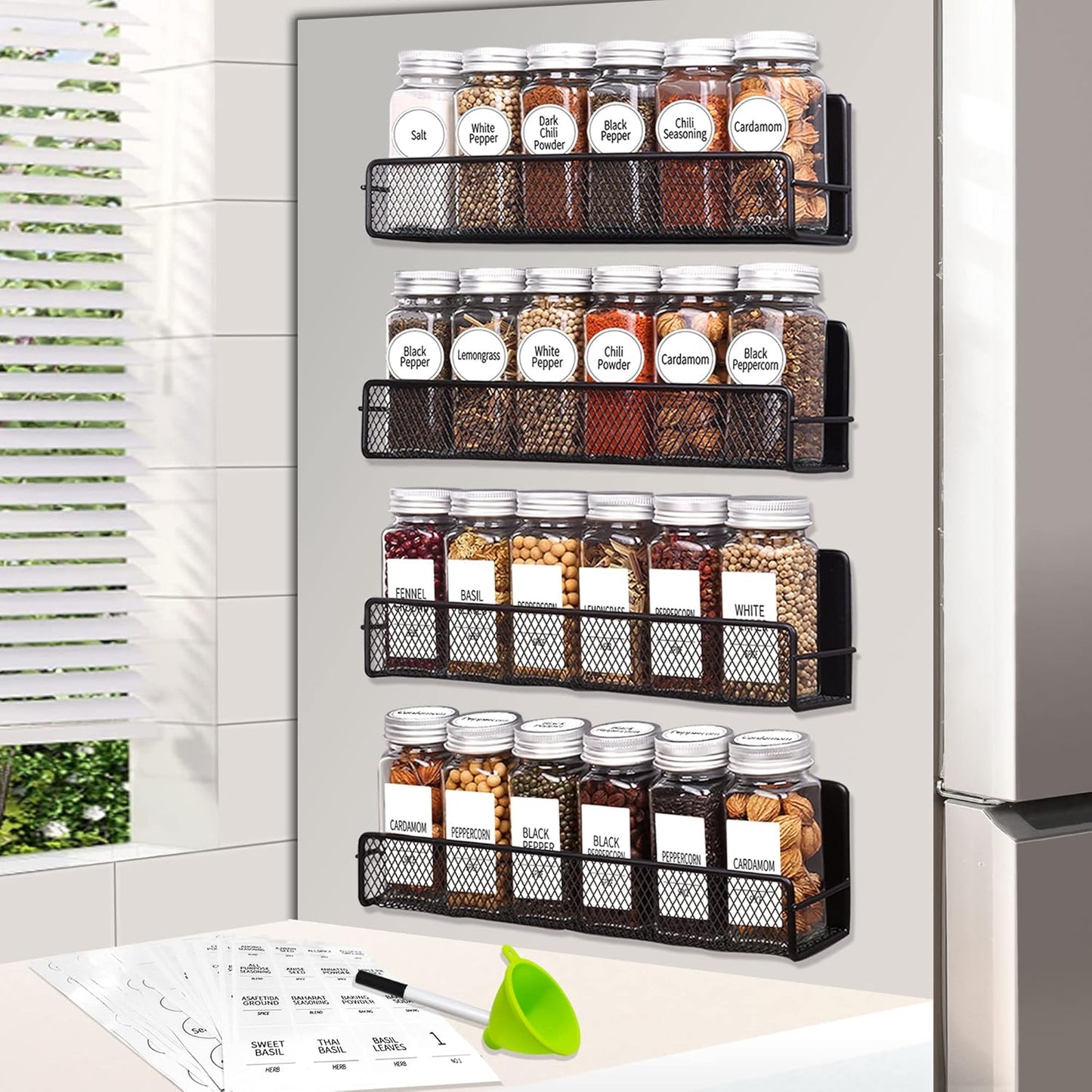 24 4 OZ 4 Churboro Magnetic Spice Rack for Refrigerator with Spice Jars- Includes Pcs Seasoning Containers with Labels