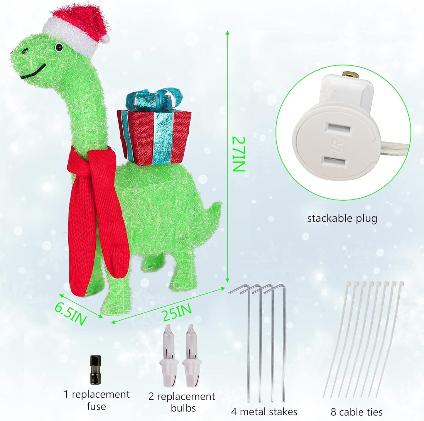 Waterglide Lighted Christmas Dinosaur - 27 Inch Pre-Lit 3D Brachiosaurus Yard Decor | Festive Holiday Display