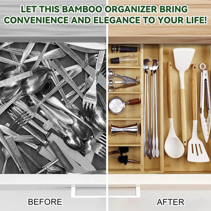 MH MYLUNE HOME Large Bamboo Expandable Drawer Organizer, Silverware Organizer for Drawers, 16 to 30 Inches Wide, 7-13 Slots, Kitchen Drawer Organizers for Utensils, Bamboo Wood Cutlery Organizers