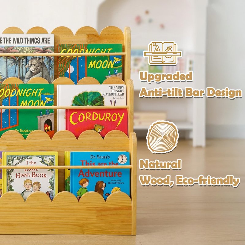 Amdermi Scalloped Design | 3-Tier Montessori Solid Wood Kids Bookcase | 29.6" Wide Toddler Storage Shelf | Easy Access Floor Display Furniture for Playroom/Nursery