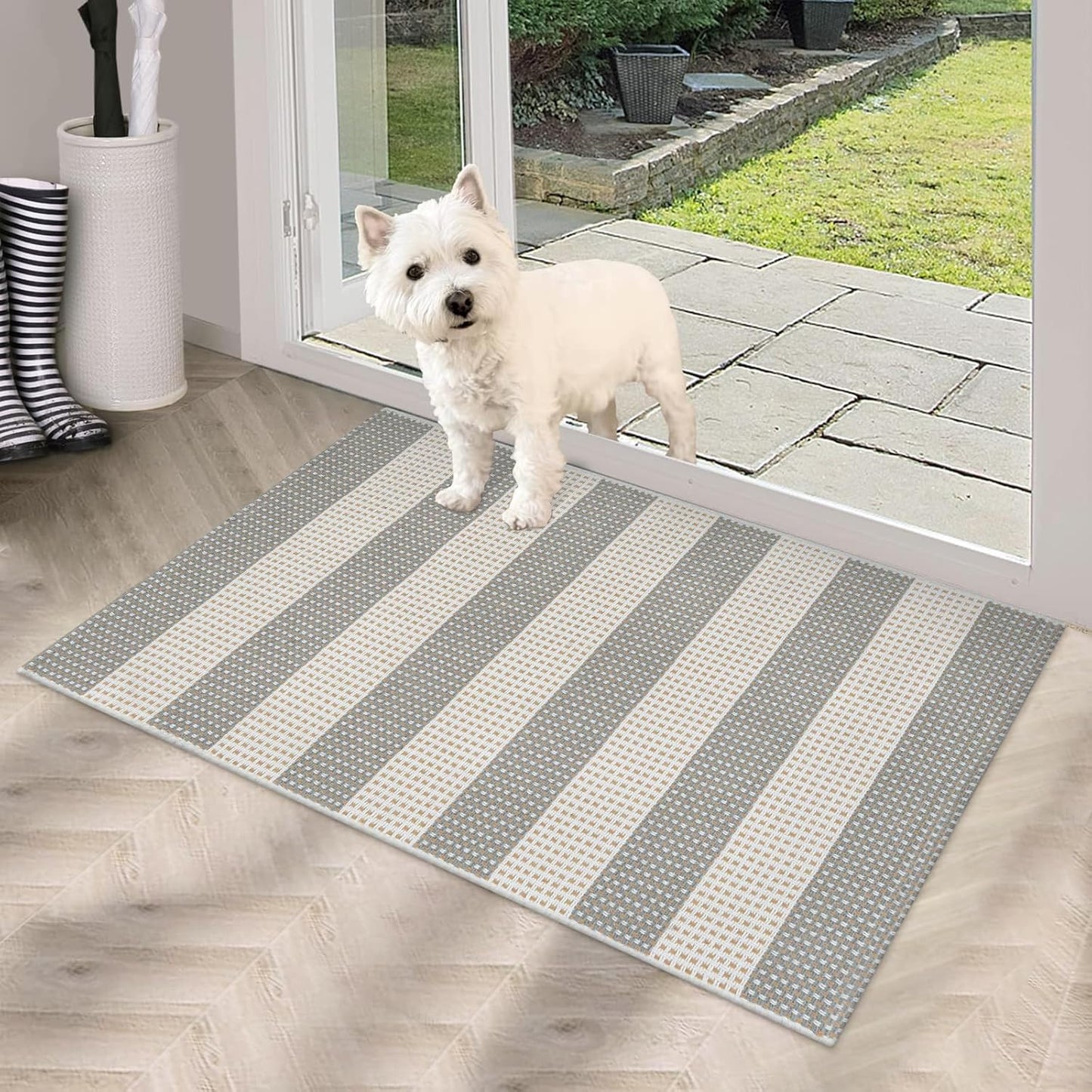 Striped Grey and White Outdoor Rug 2x3, Washable Reversible Cotton Hand-Woven Porch Mat for Entryway