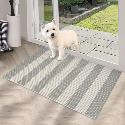 Striped Grey and White Outdoor Rug 2x3, Washable Reversible Cotton Hand-Woven Porch Mat for Entryway