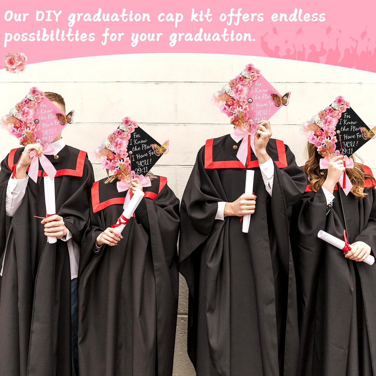 Naozinebi 55 Pcs Pink DIY Graduation Cap Decorations Faux Assorted Flowers Pink Bows 3D Butterfly Stickers Glitter Alphabet Letter Number Decals for DIY Hat Grad Cap Topper Graduation Party Supplies