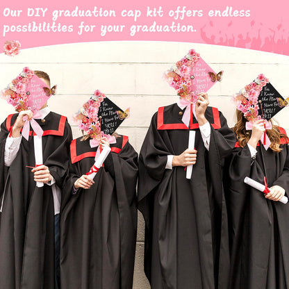 Naozinebi 55 Pcs Pink DIY Graduation Cap Decorations Faux Assorted Flowers Pink Bows 3D Butterfly Stickers Glitter Alphabet Letter Number Decals for DIY Hat Grad Cap Topper Graduation Party Supplies