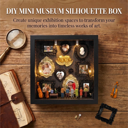 YXESO DIY Mini Museum Silhouette Box for Mother's Day, Shadow Box Frame with Gold Mini Picture Frames & People Figurines for Anniversary, Home Decor