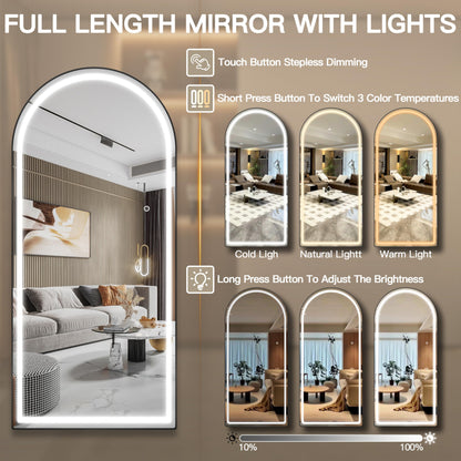 FENNIO Modern Arched Black 70" x 32" LED Full Body Wall Mounted Mirror with Lights for Bedroom, Salon, 3 Color Lighting, Tempered Glass, Brushed Aluminum Frame