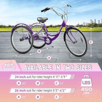 Brightpeak 1 Speed Adult Tricycle, 26 inch Cruiser Trike with Large Basket for Women Men Seniors, 3 Wheel Bike for Outdoor, Shopping, Recreation, Picnic (Purple)