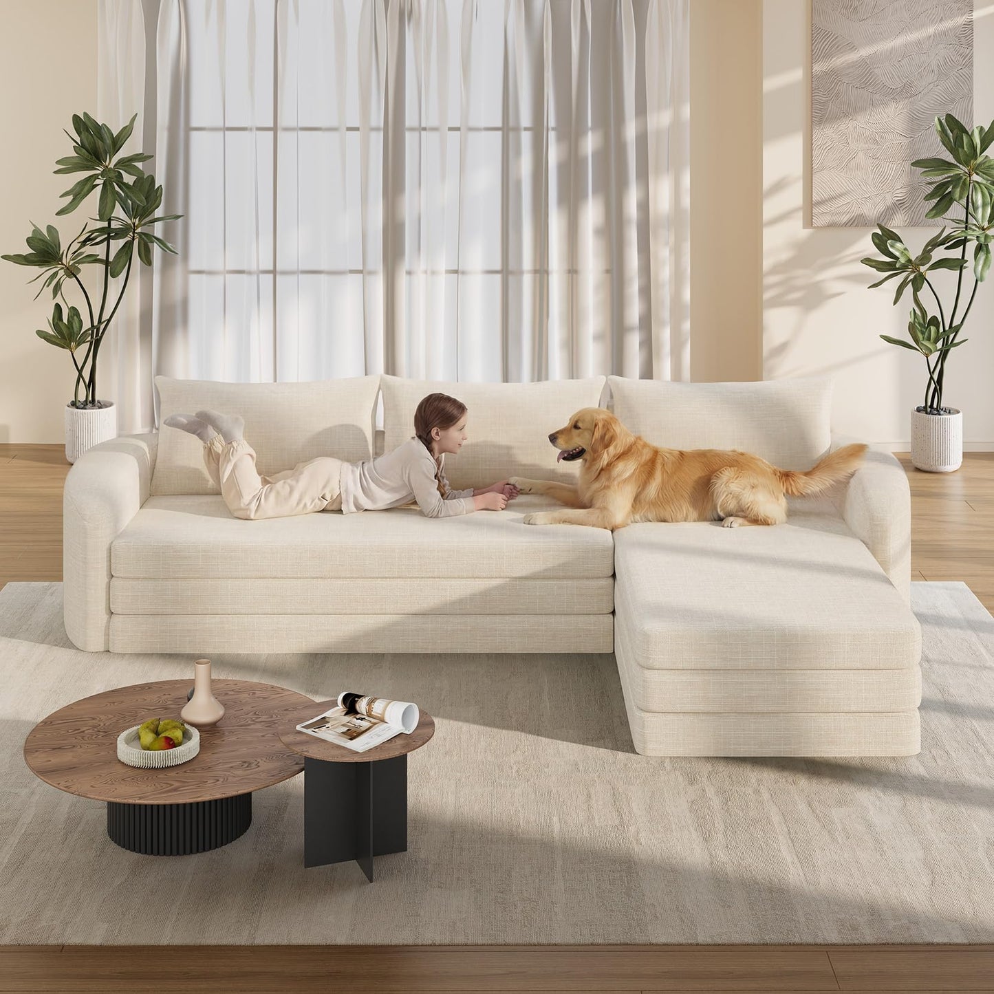 Vesgantti 110.2" Boneless Sectional Couch with Curved Armrest, 6 in 1 Convertible Folding Sleeper Sofa Bed, Chenille Modular Sofa for Living Room, No Assembly Required, Beige, Right Facing Chaise