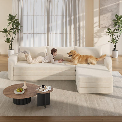 Vesgantti 110.2" Boneless Sectional Couch with Curved Armrest, 6 in 1 Convertible Folding Sleeper Sofa Bed, Chenille Modular Sofa for Living Room, No Assembly Required, Beige, Right Facing Chaise