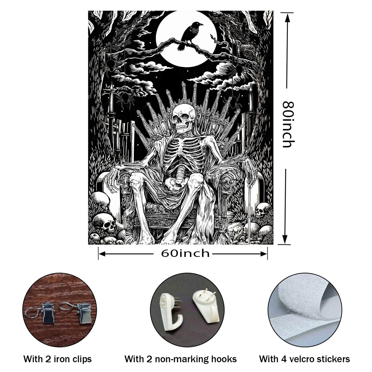 SHRAPHY Skeleton Black and White Tapestry,Grim Reaper,60X80inches