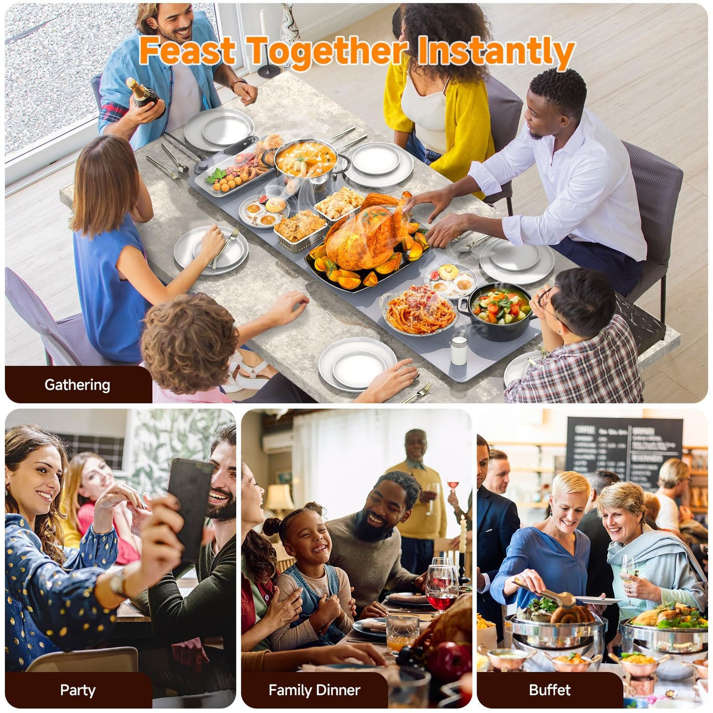 FEPPO Warming Mat for Food, Extra-Long Size 42"x12", Fast Full-Surface Heating Food Warming Mat with 6-Hour Timer & 19-Level Temperature Control, Roll Up Food Warmers for Parties Buffet