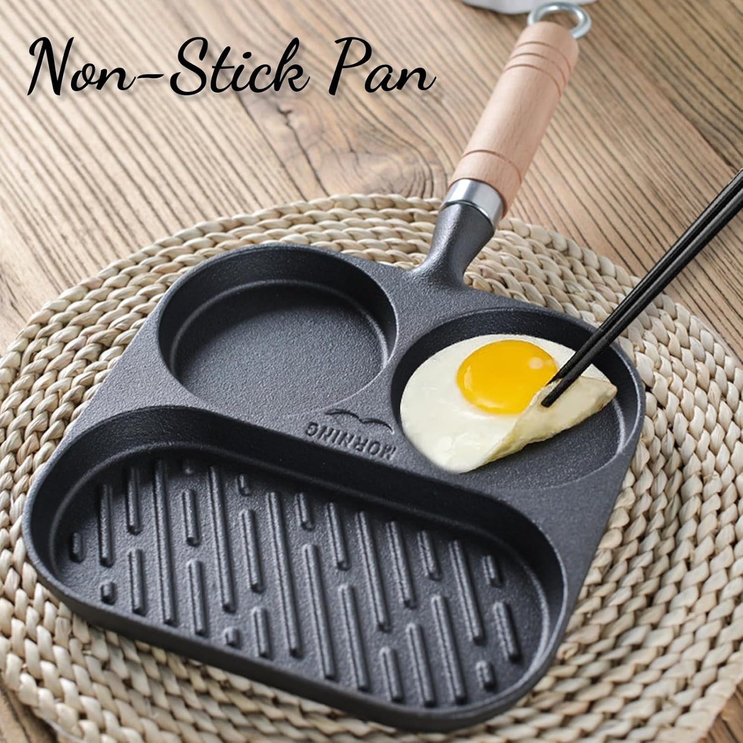Egg Pan Omelette Pan, 3 Section Square Divided Breakfast Grill Pan with Solid Wood Handle, Nonstick Frying Pan for
