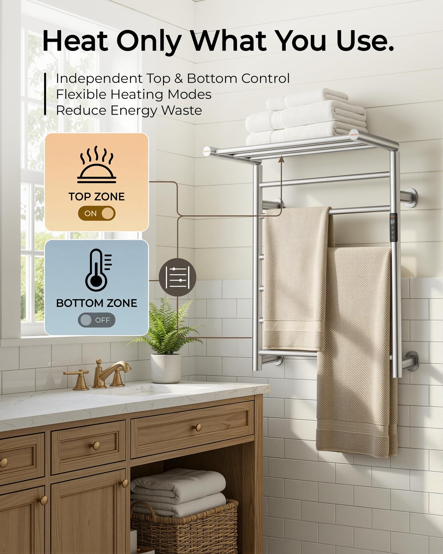 Caldayx Foldable Heated Towel Rack, Smart Dual-Zone App & Voice Control Electric Towel Warmer Rack, GFCI Plug-in/Hardwired, Wall-Mounted, Drill-Free Install, Brushed, CA3-900X550-Pro-S