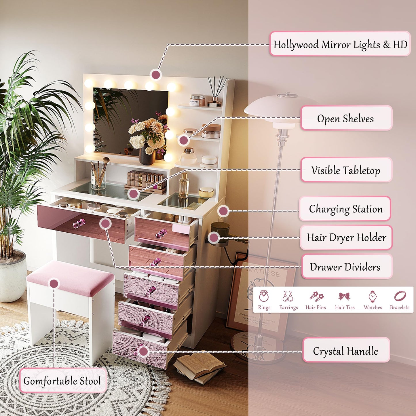 Merax Vanity Desk with Mirror and Lights, Pink Makeup Vanity Set with 9 LED Bulbs and Power Outlet, 6 Storage Drawer & Shelves, Dressing Table Set with Pink Vanity Stool for Girls & Women