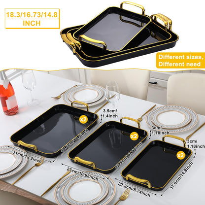 Rtteri Set of 6 Serving Platters with Handles 18.3/16.73/14.8 Inch Large Rectangular Serving Tray Reusable for Entertaining Dinner Party Wedding Decoration(Golden Handles,Black)