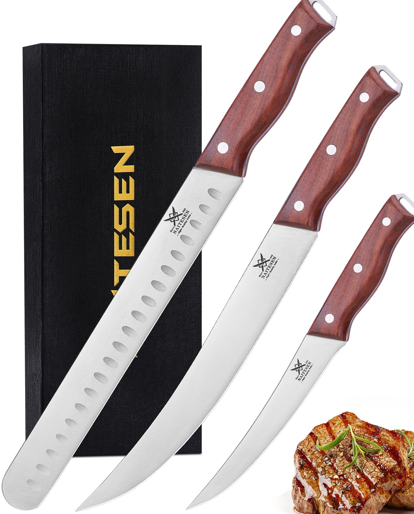 Naitesen 3PCS Professional Brisket Carving Knife Set, Butcher Knife, Very Sharp Meat Knives for BBQ Slicing Cutting Full Tang Rosewood Handle High Carbon Steel, Gifts for Men Women