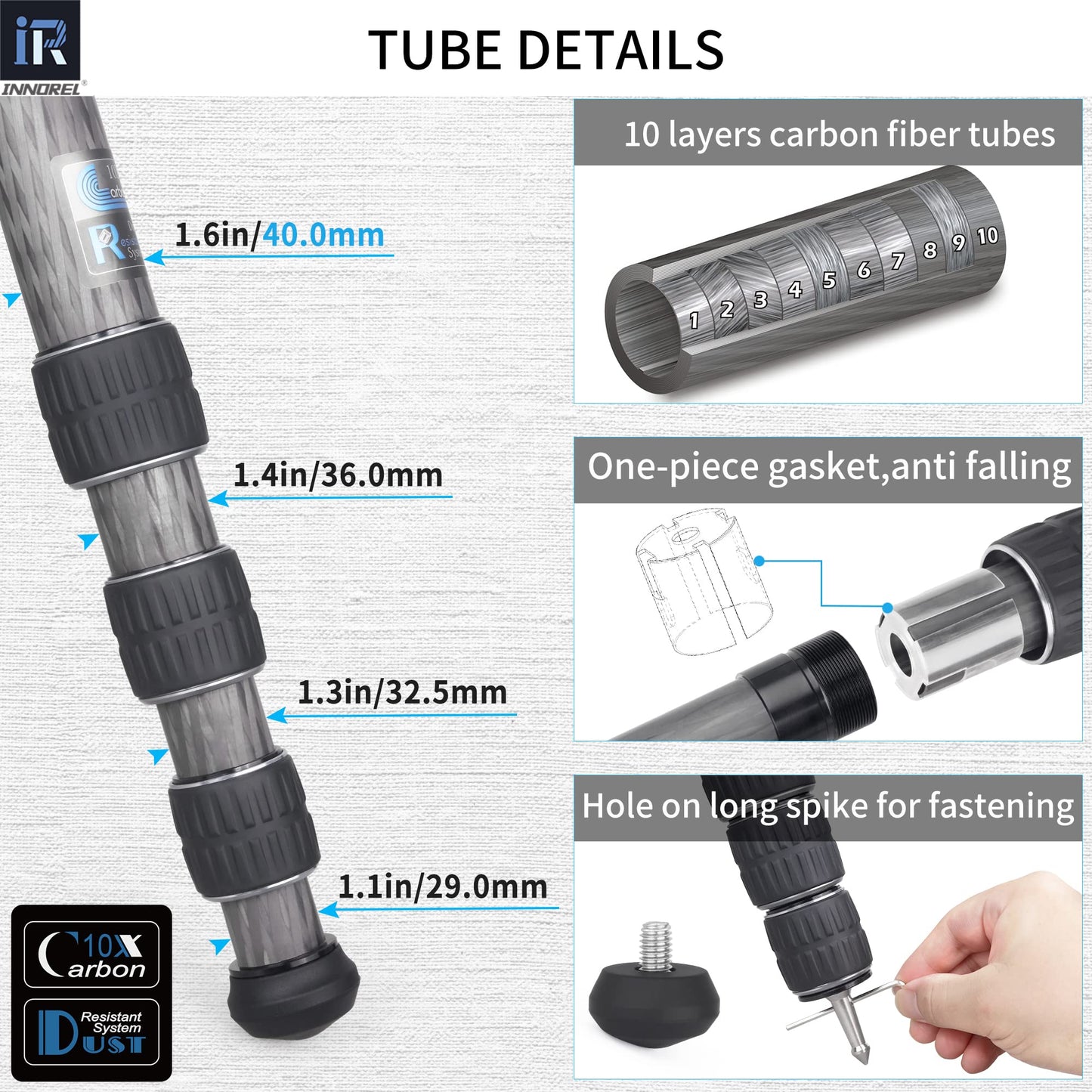 INNOREL KT404C Compact 10-Layer Carbon Fiber Camera Tripod 40mm Big Tube Professional Tripod for Digital DSLR Video Camcorder Heavy Duty Camera Stand Load 77lb/35kg with Center Column