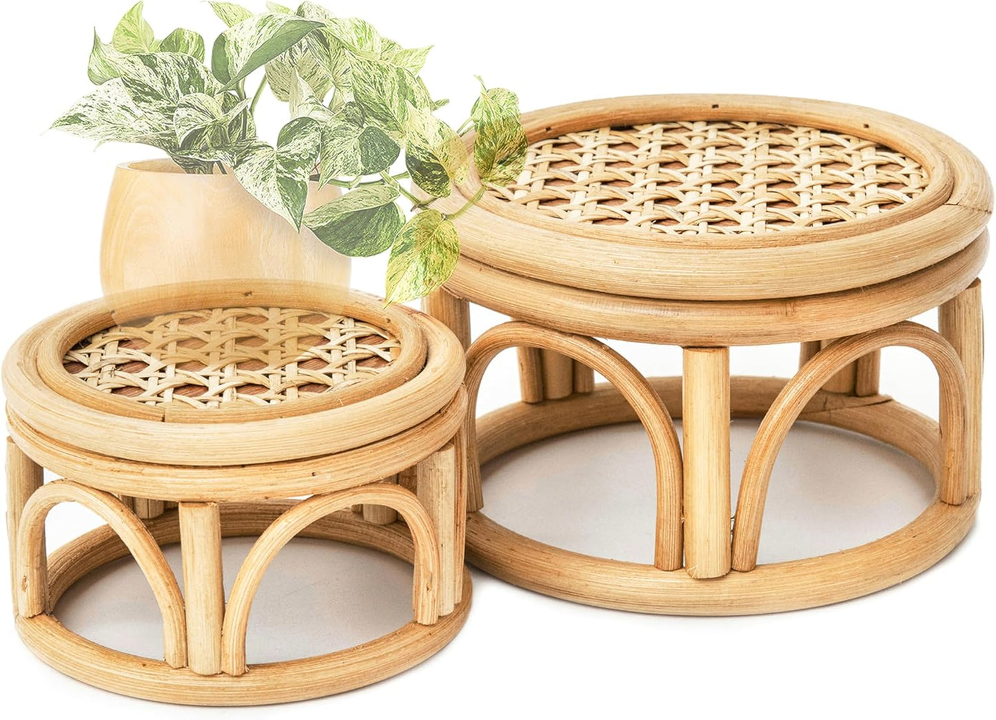 Set 2 of Small Boho Rattan Wicker Round Riser Plant Stand Indoor,Rustic Farmhouse Natural Wooden Circle Pedestal