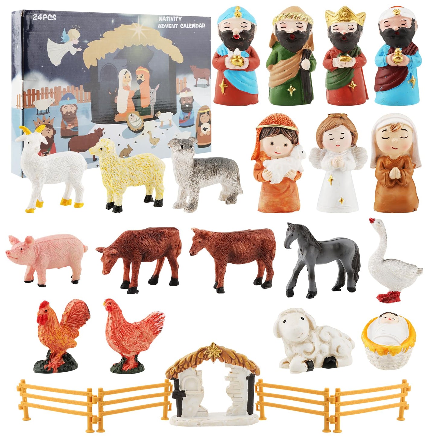 Nativity Scene Advent Calendar, 24 Days Countdown Set with Miniature Figures & Animals, Religious Holiday Decor