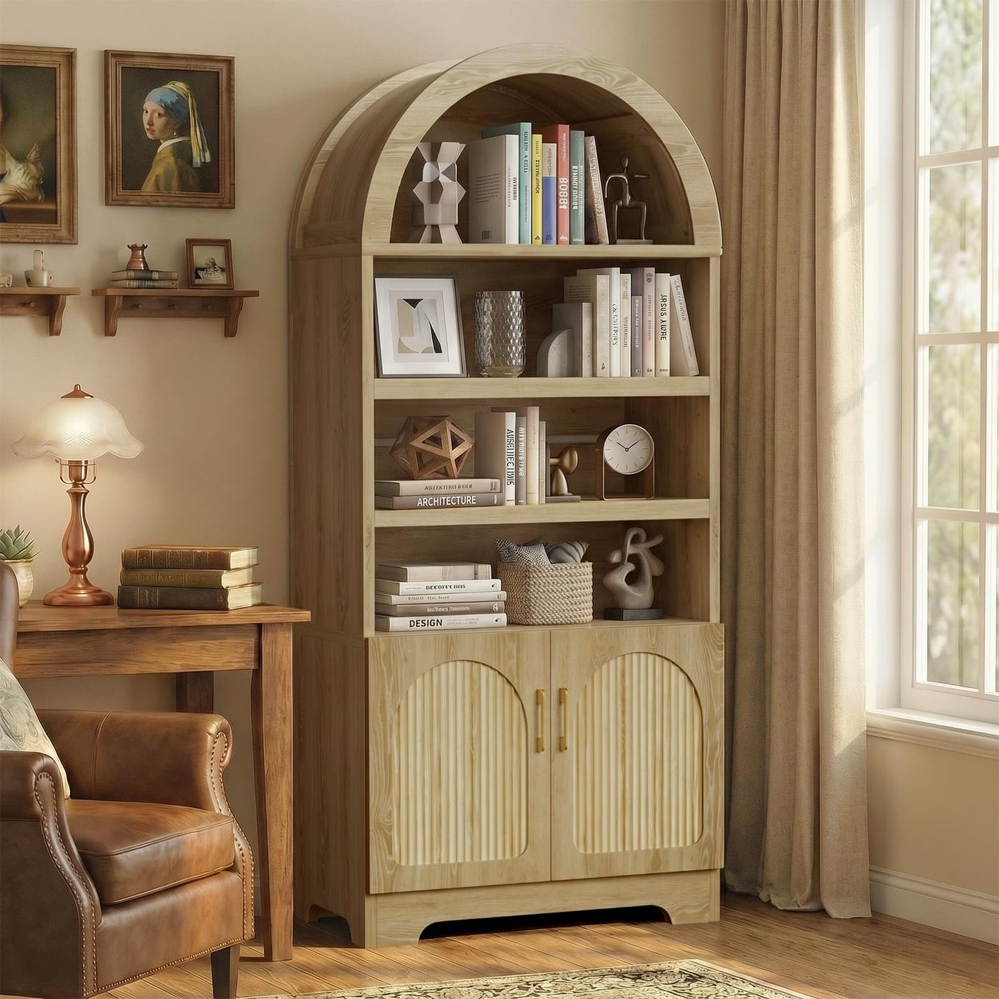 Bestier 71" Tall Arched Kitchen Pantry, Arched Cabinet with Doors, Modern Farmhouse Wood Kitchen Storage Cabinets with 3-Tier Adjustable Shelves for Living Room, Dining Room, Ktichen, Oak