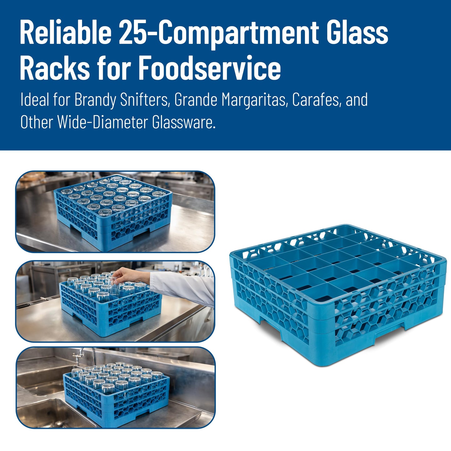 Carlisle FoodService Products OptiClean Plastic 25-Compartment Divided Glass Rack with Extender, Blue, (Pack of 3)