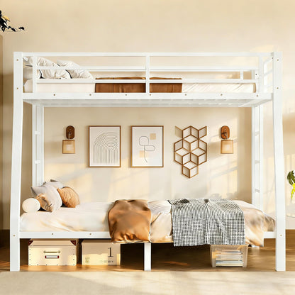 Full XL over Queen Metal Bunk Beds for Kids Teens Adults, Heavy-duty Metal Bunk Bed Frame with Guardrails, Ladders & Under-bed Storage for Bedroom Guest Room Dorms, Space-saving/Noise-reduce, White