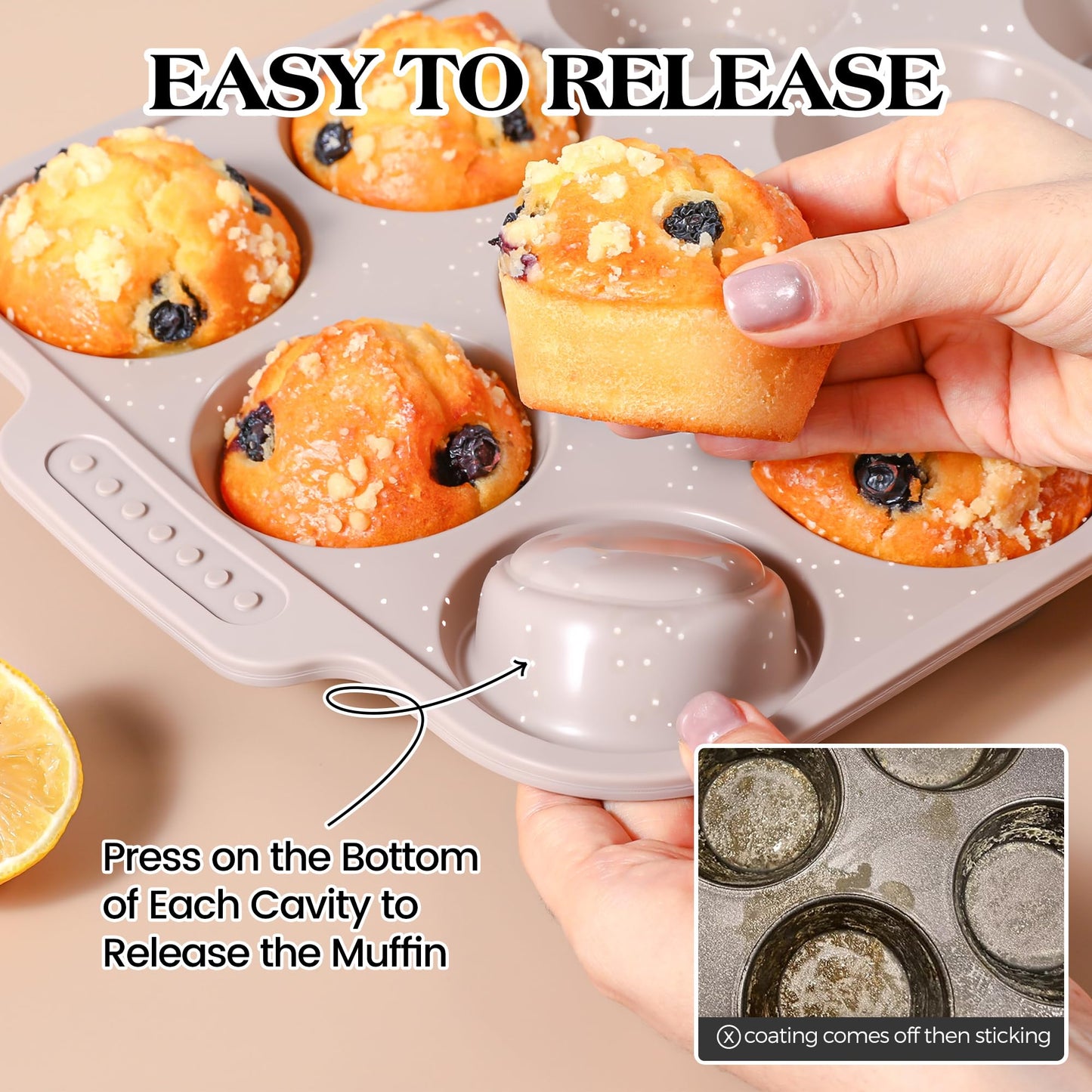 AOTASO 2 Pcs Silicone Muffin Pans for Baking with Metal Reinforced Frame, Nonstick Cupcake Tray for Oven, 12 Cups Regular Size Silicone Molds for Egg Bites, Dishwasher Safe (Brown, Cream)