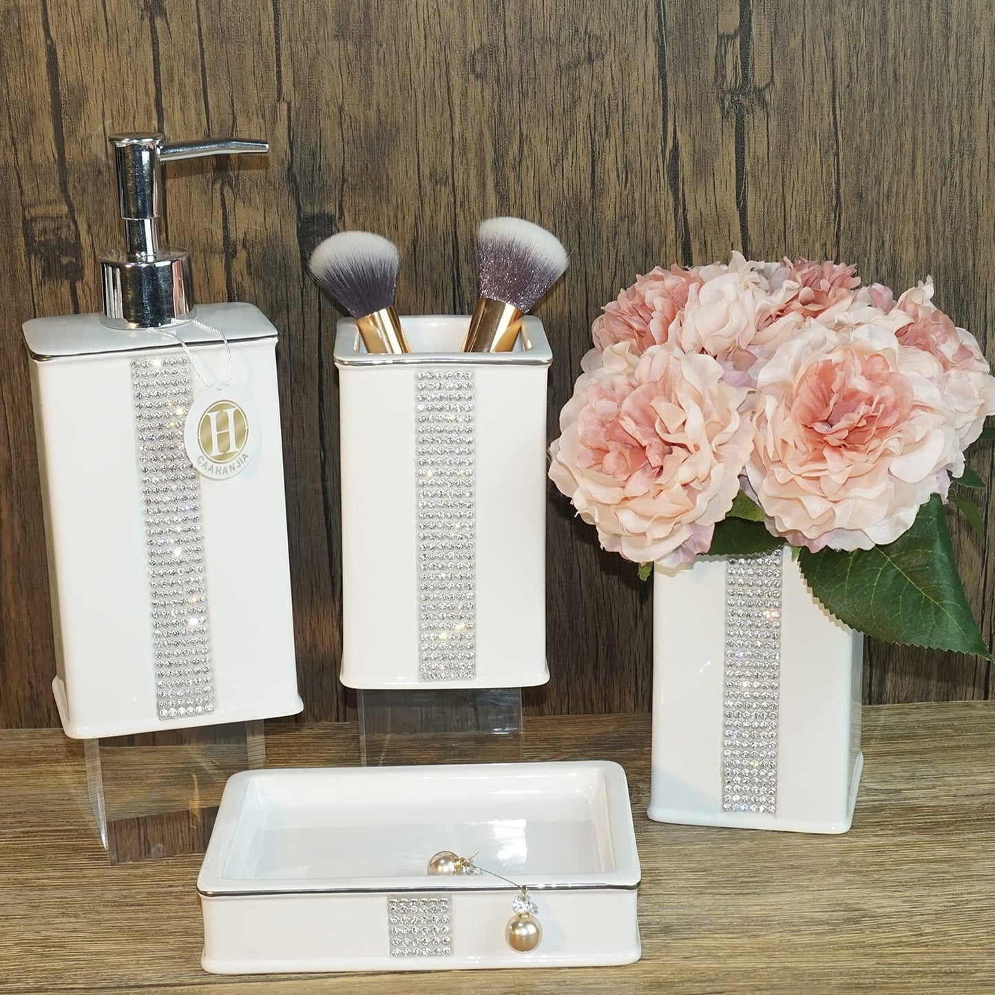 CAAHANJIA Bathroom Accessories Set 4 Pcs-Ceramic Gift Set Soap Dispenser Pump & Toothbrush Holder & Tumbler Cup & Soap Dish - Bathroom Home Decor Clearance, Countertop Vanity Organize(12 Ounce White)